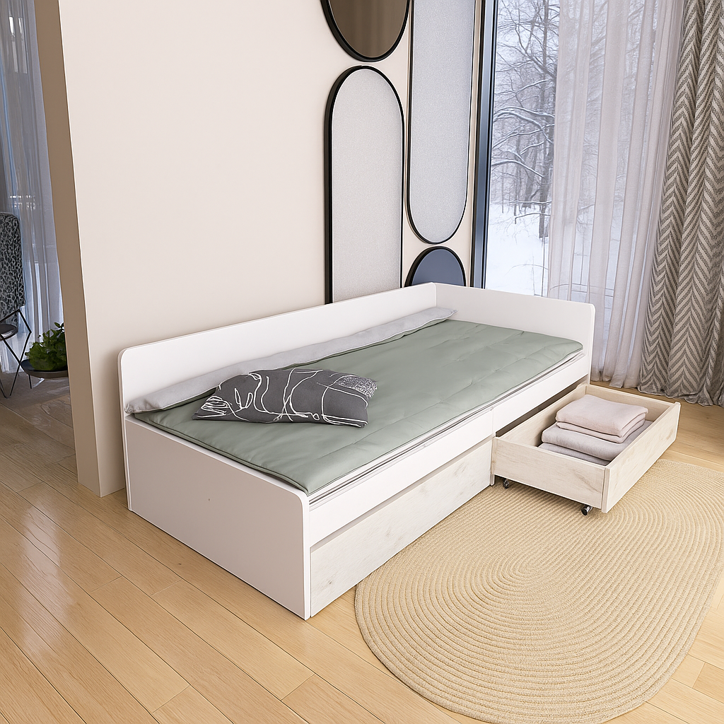 Кровать детская с ящиками Еверест 800 ЩИТ ДСП Белый/Крафт белый (е-207458)