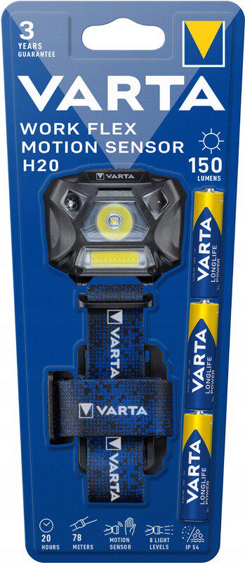 Фонарик налобный Varta Work Flex Motion Sensor H20 18648 3xAAA 3W 150Lm LED+COB IP54 6 режимов Blister (4209)