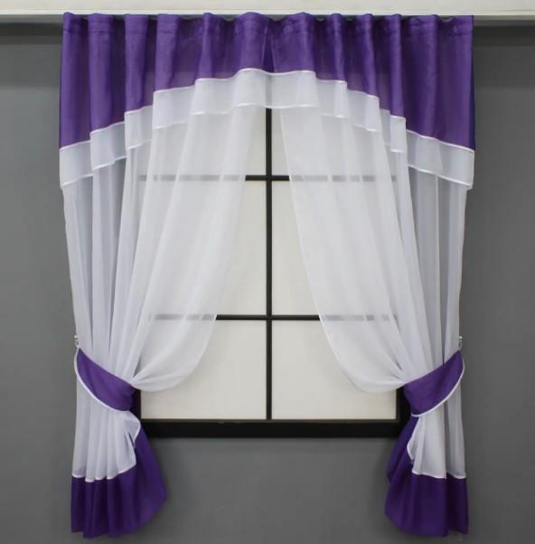 Занавеска на кухню с ламбрекеном 270х170 см Белый/Фиолетовый (085к)