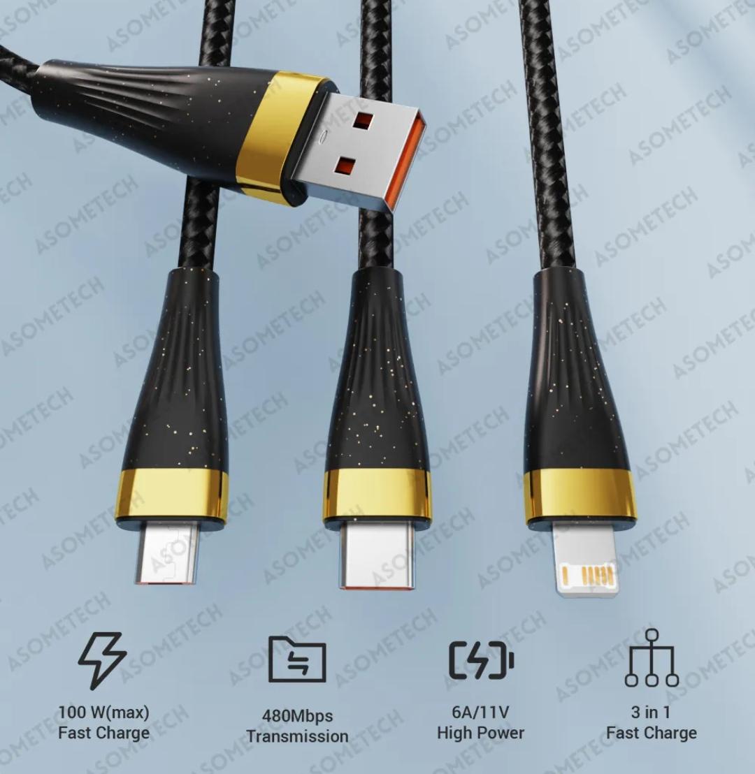 Кабель универсальный Asometech 3в1 USB - Lightning/MicroUSB/Type-C 6 A 2 м (230025-1) - фото 5