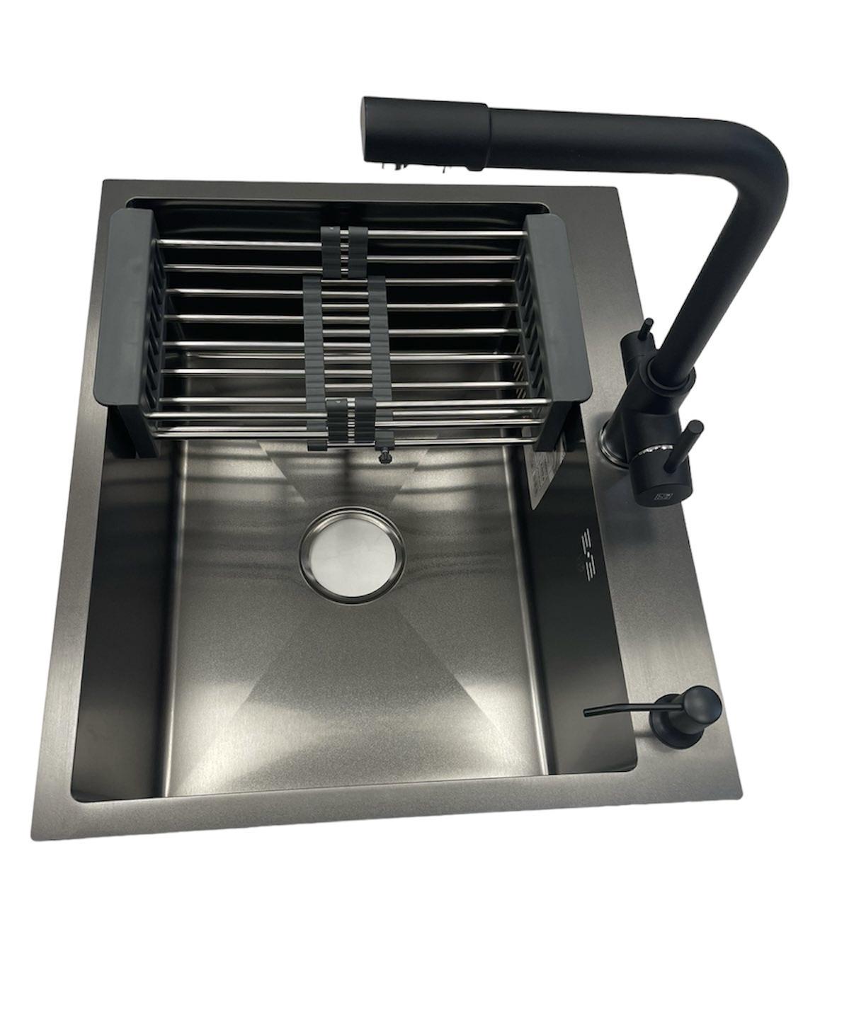 Кухонная мойка Kroner KRP Schwarze 6050HM PVD + смеситель для кухни с подключением к фильтру Kroner (CV025260-2)