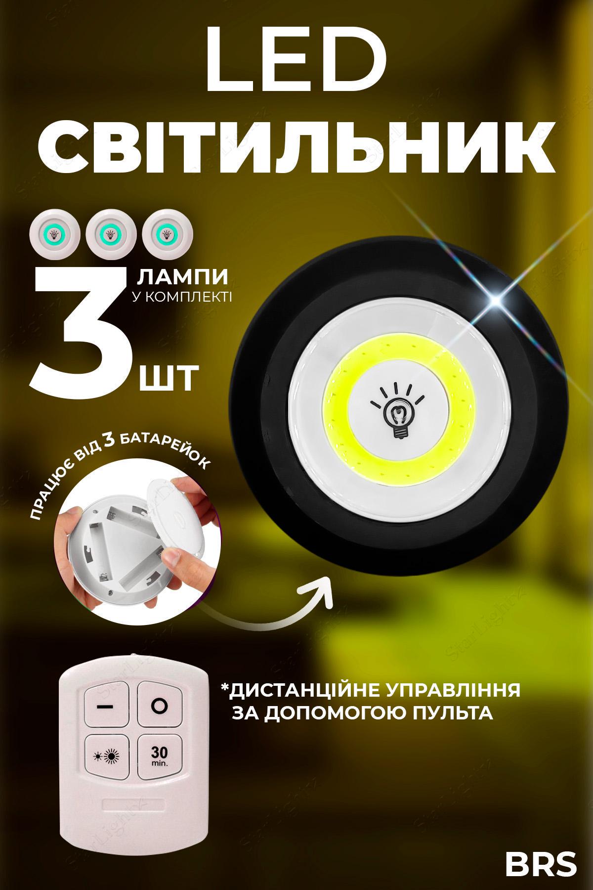 Світлодіодні світильники настінні BRS на батарейках 3 шт. Чорний (23478097) - фото 2 Світлодіодні світильники настінні BRS на батарейках 3 шт. Чорний (23478097) - фото 2
