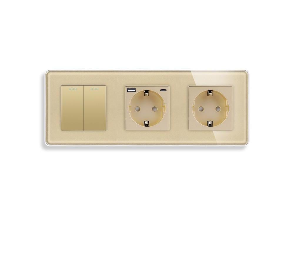 Выключатель перекрестный ELIOS 2-клавишный с розеткой USB A+C 20Вт с заземлением стекло Золотой