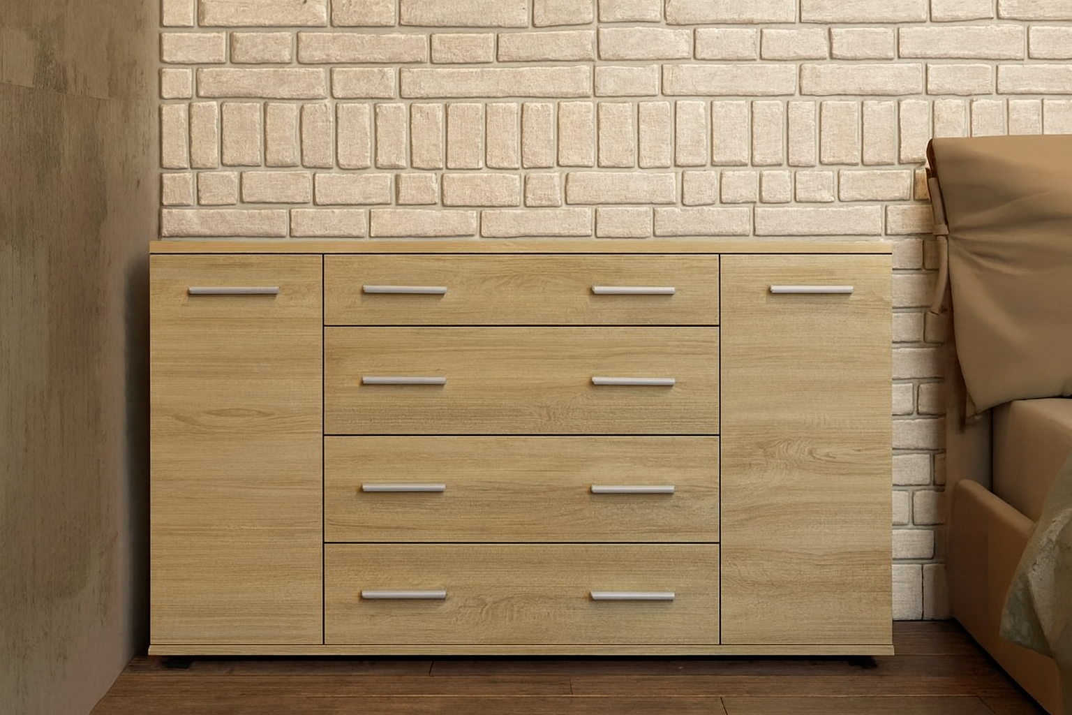 Комод с 4-мя ящиками и 2-мя отделениями с дверцами ЛДСП 130х38х73 см Дуб Сонома (31325998)