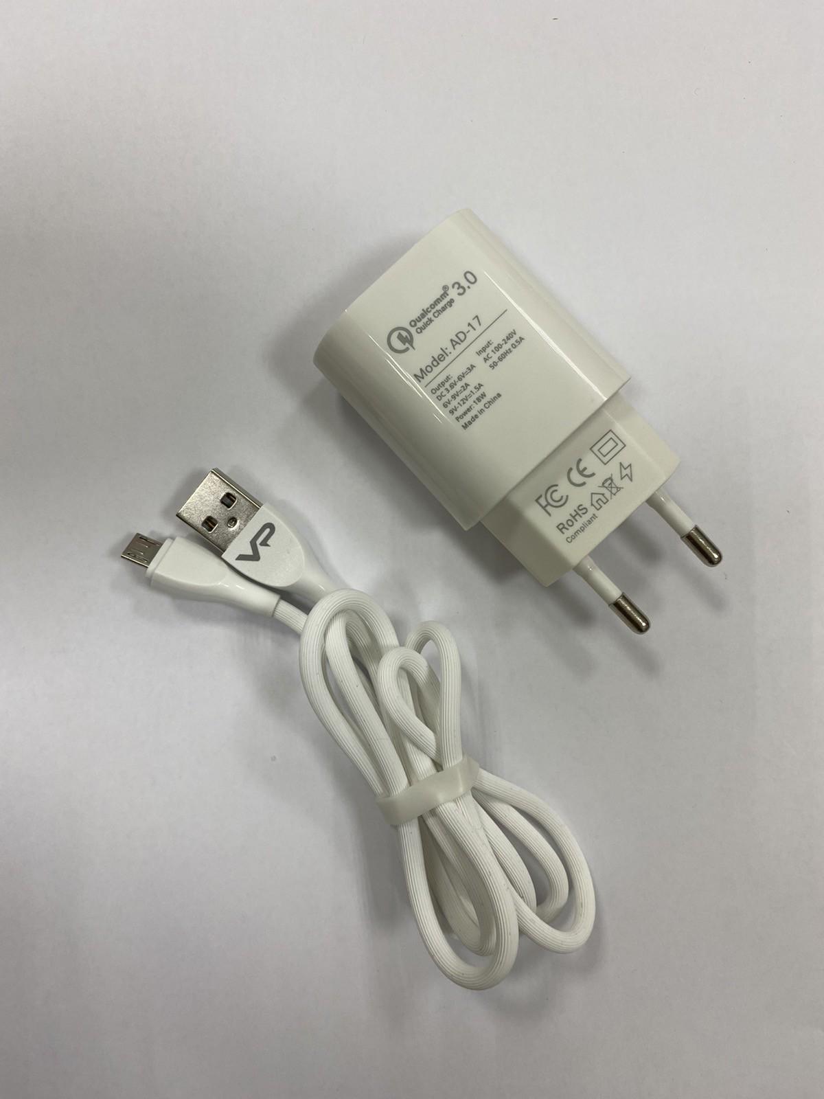 Зарядное устройство сетевое Veron AD17C 3A и кабель USB to microUSB White - фото 2