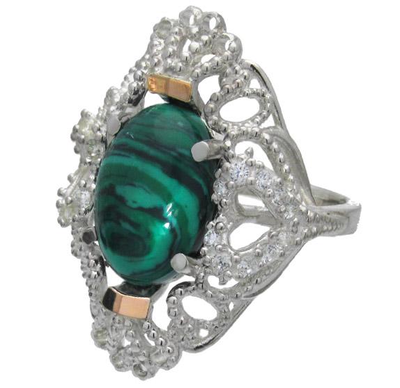 Серебряное кольцо с золотыми накладками Джамала малахит 17 (033к.02-3)