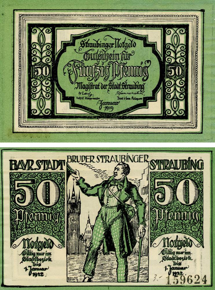 Коллекционная банкнота Германия Нотгельд 50 пфеннигов 1922 F-VF Штраубинг (Б18635)