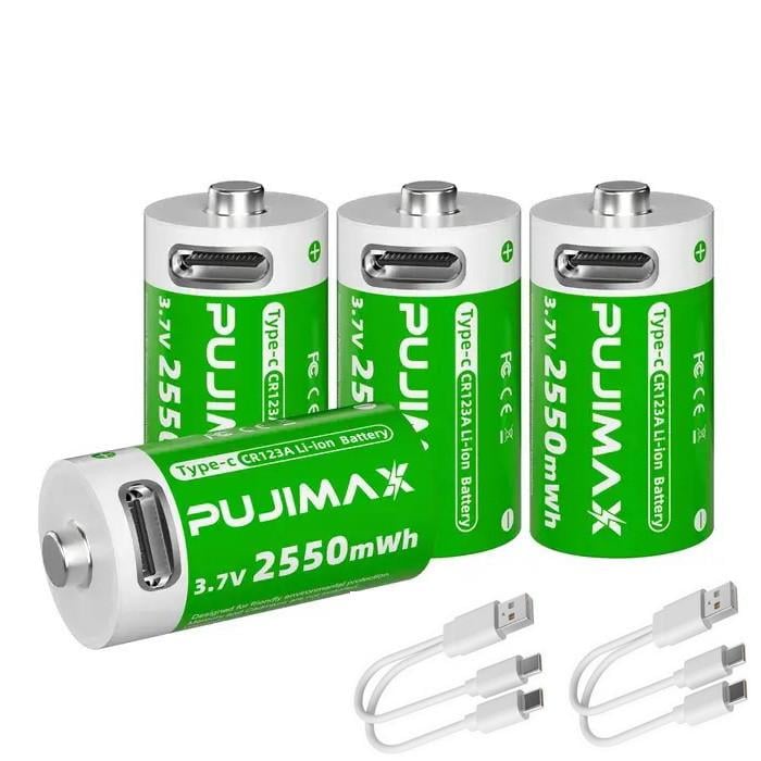 Акумулятори Pujimax 16340/CR123A з Type-C 4 шт./2 кейси/2 кабелі Green (2575989707)