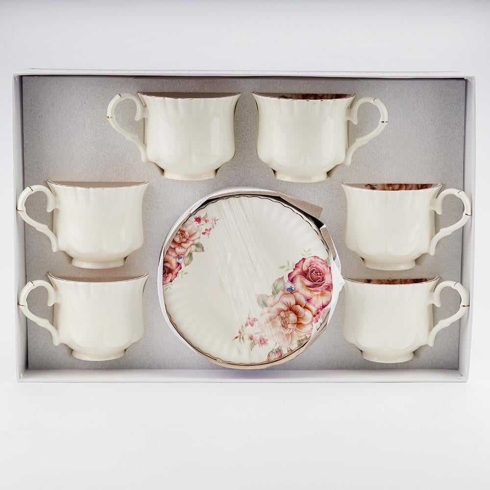 Набор чайных чашек и блюдец Розовый букет на 6 персон 260 мл Белый (9292-010)