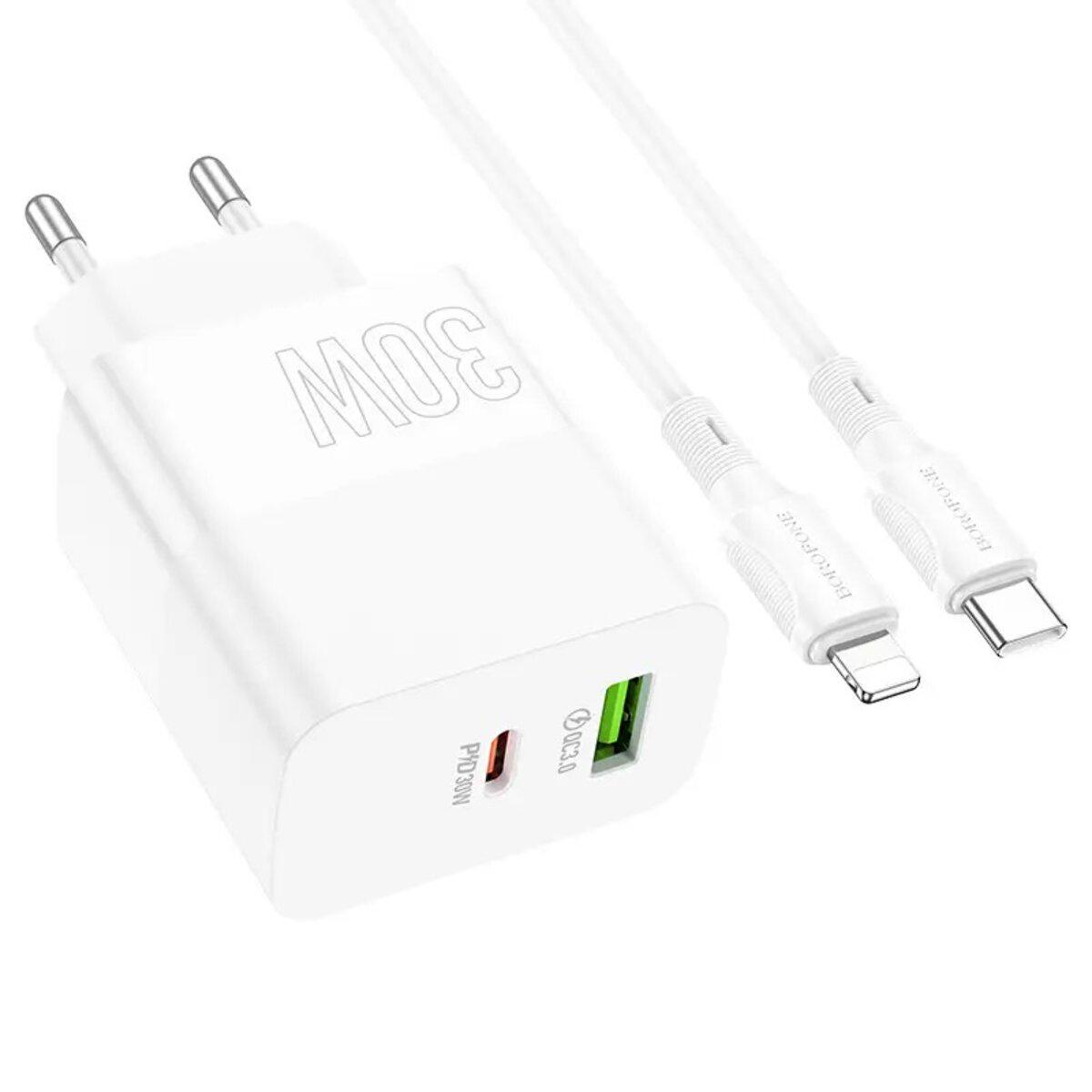 Зарядний пристрій Borofone BA75A Powerful Dual Port PD30W+QC3.0 Charger Set Type-C to Lightning Cable White (BA75ACLW)