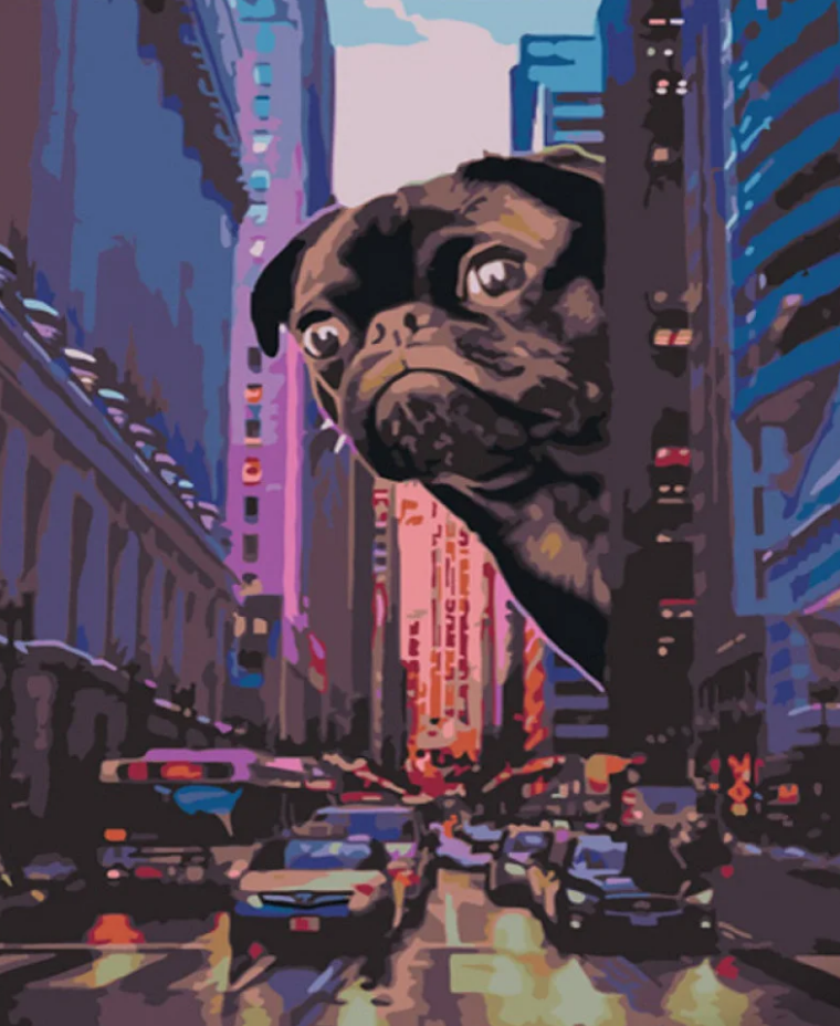 Картина по номерам Strateg Мопс среди города 40x50 см (GS701)