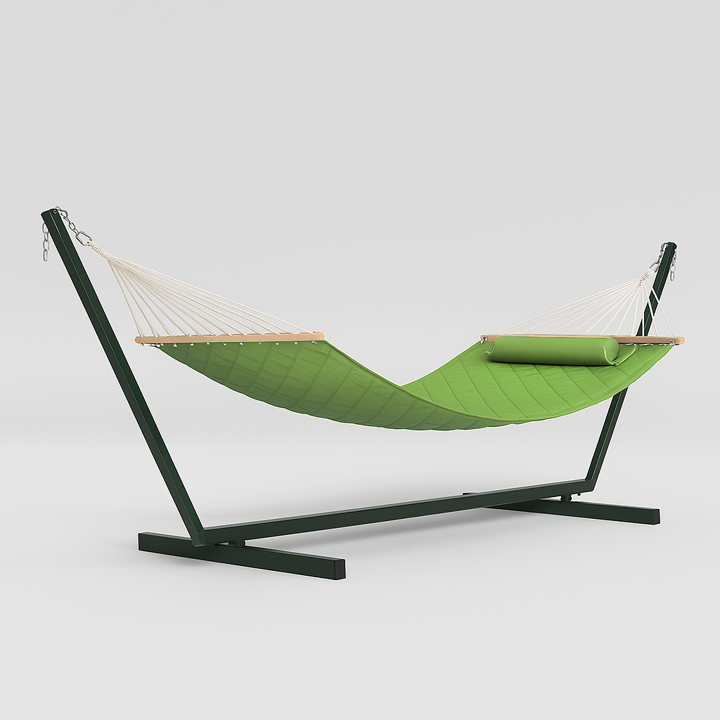 Гамак двомісний підвісний з планкою і металевим каркасом WCG SOFT для відпочинку в саді профіль 50х50 см XXL 200x140 см Зелений (W-5050H05-31)