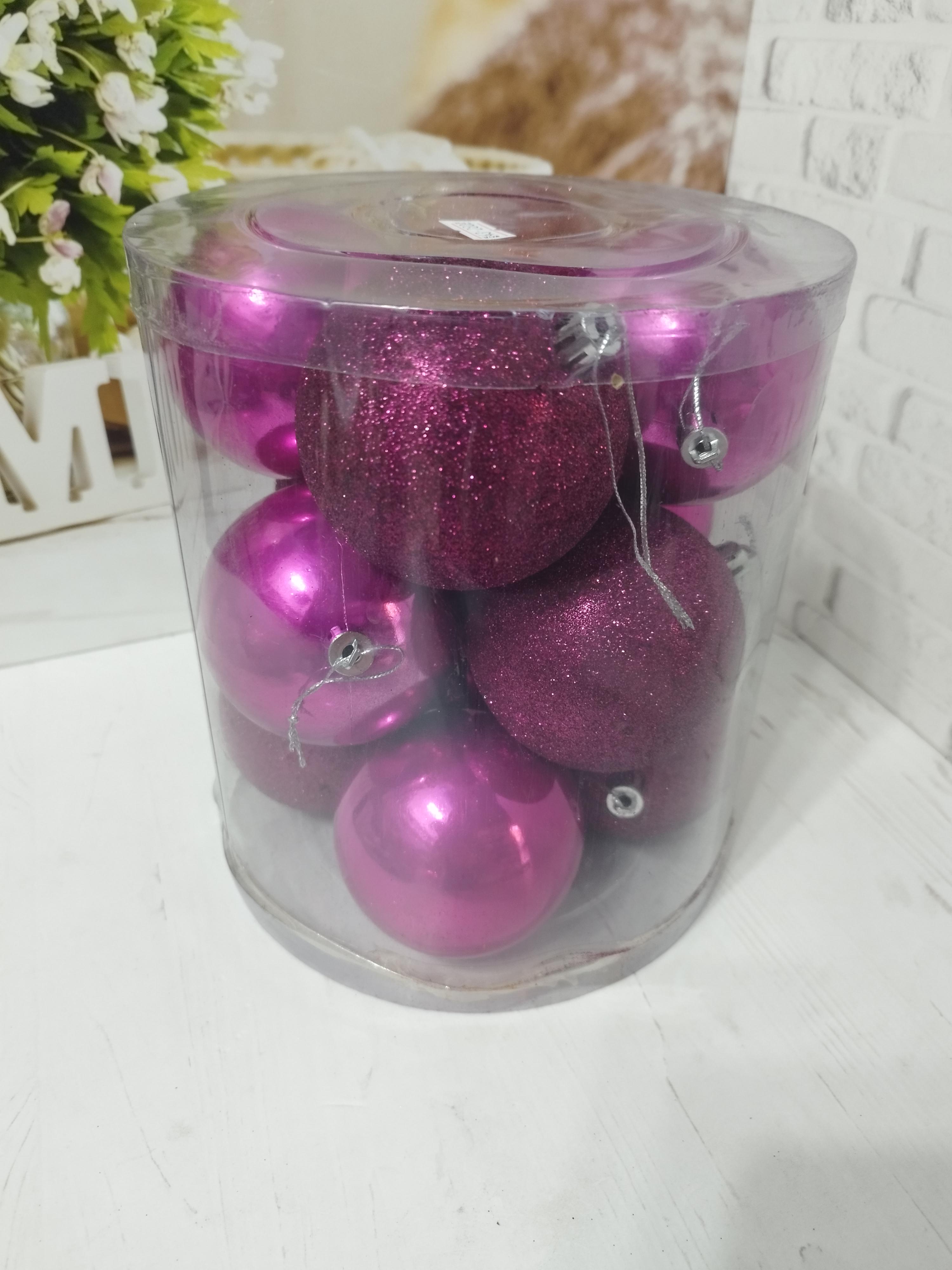 Набор новогодних шаров на елку пластиковые 8 см 12 шт. Розовый (GM9008-4) - фото 1