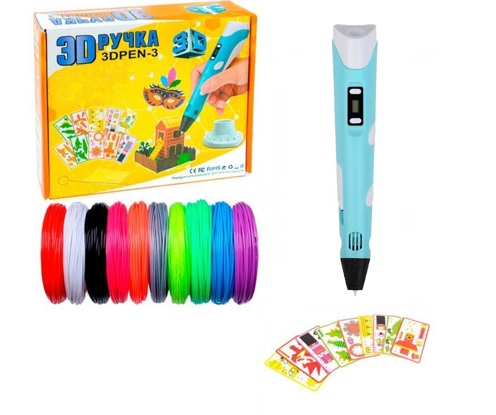 3D-ручка с LCD дисплеем трафаретами и 50 м разноцветного пластика Голубый (Е500188)