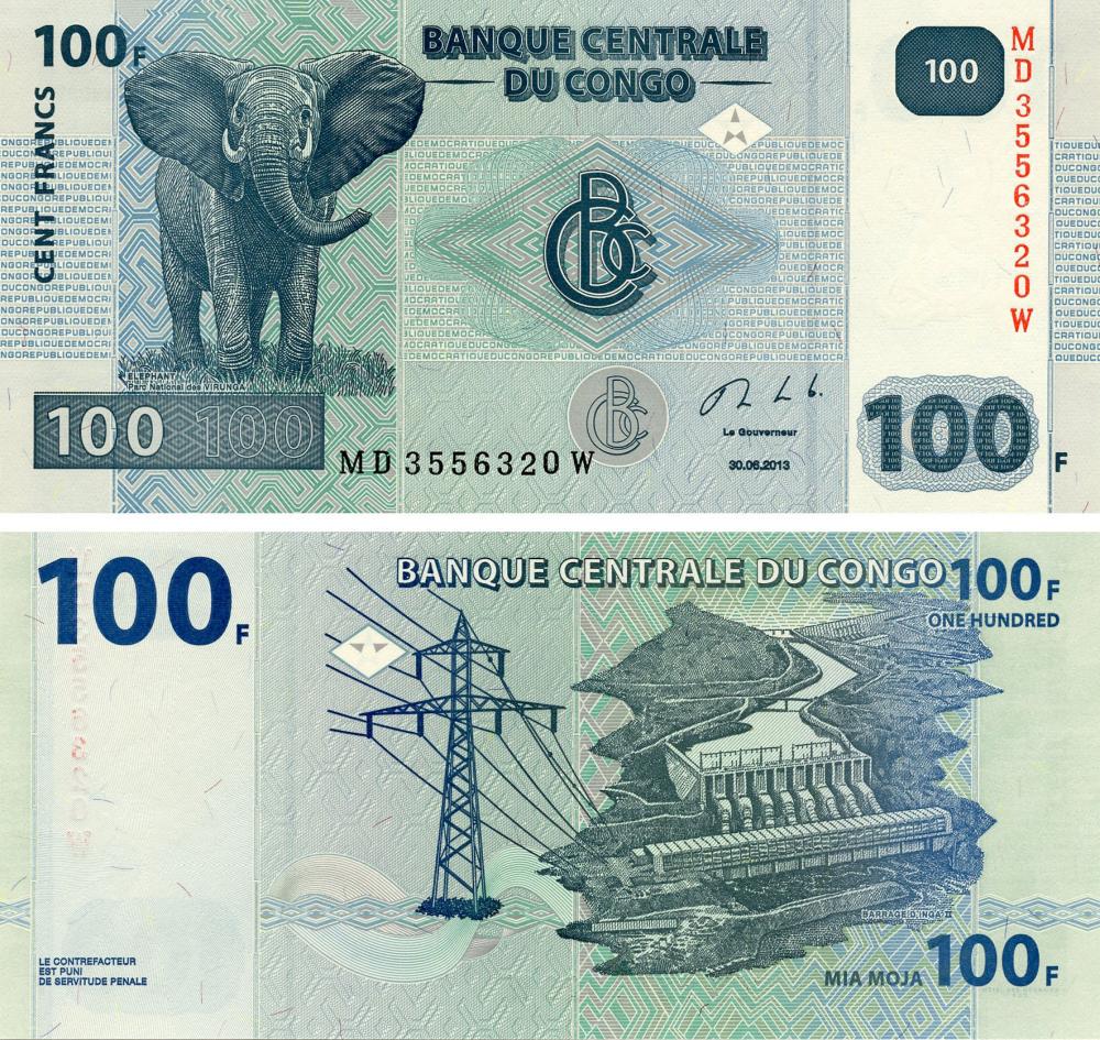 Коллекционная банкнота Демократическая республика Конго 100 франков 2013 UNC Слон (P98b)