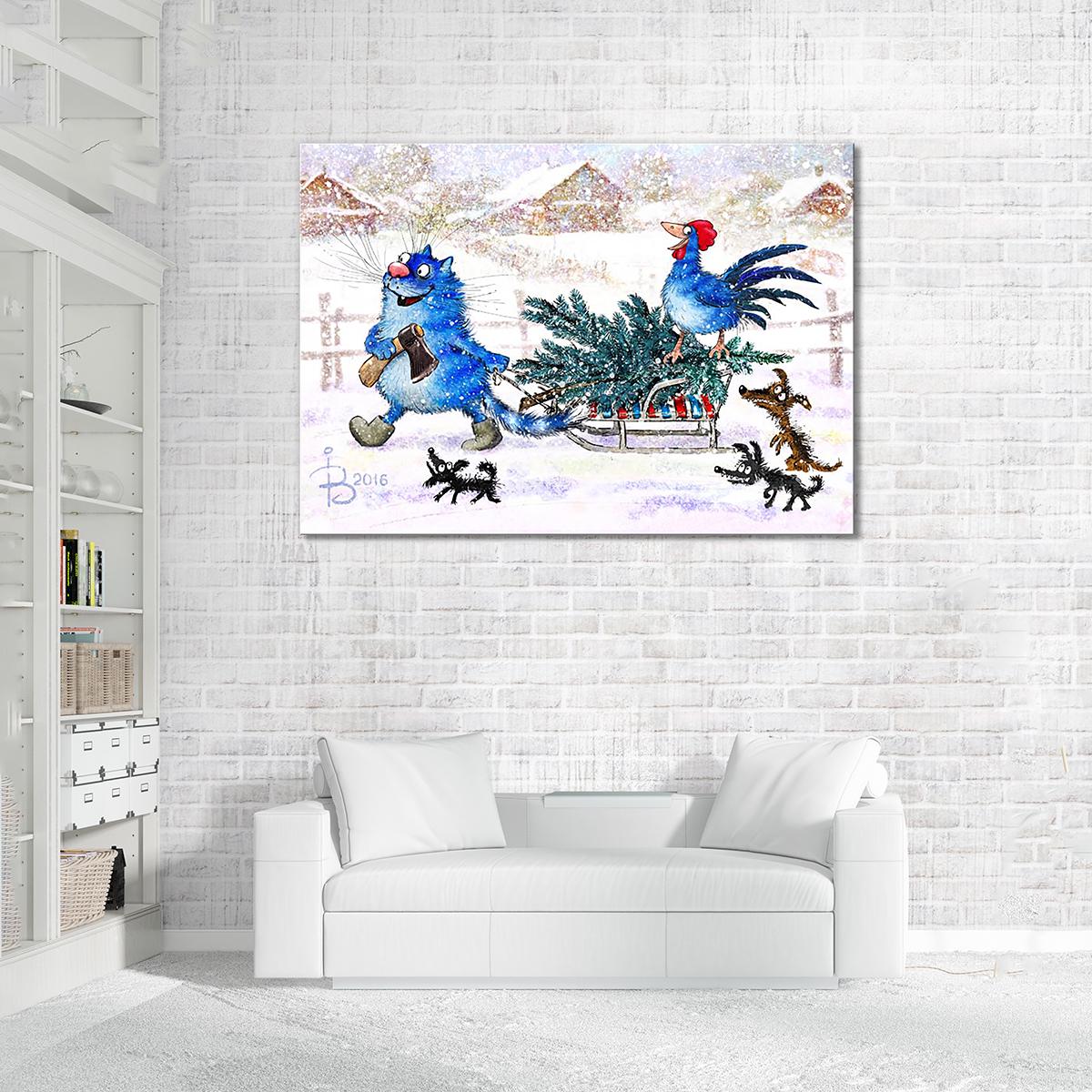 Модульная картина Кот и Петух готовятся к Новому году 1 модуль 50x75 см