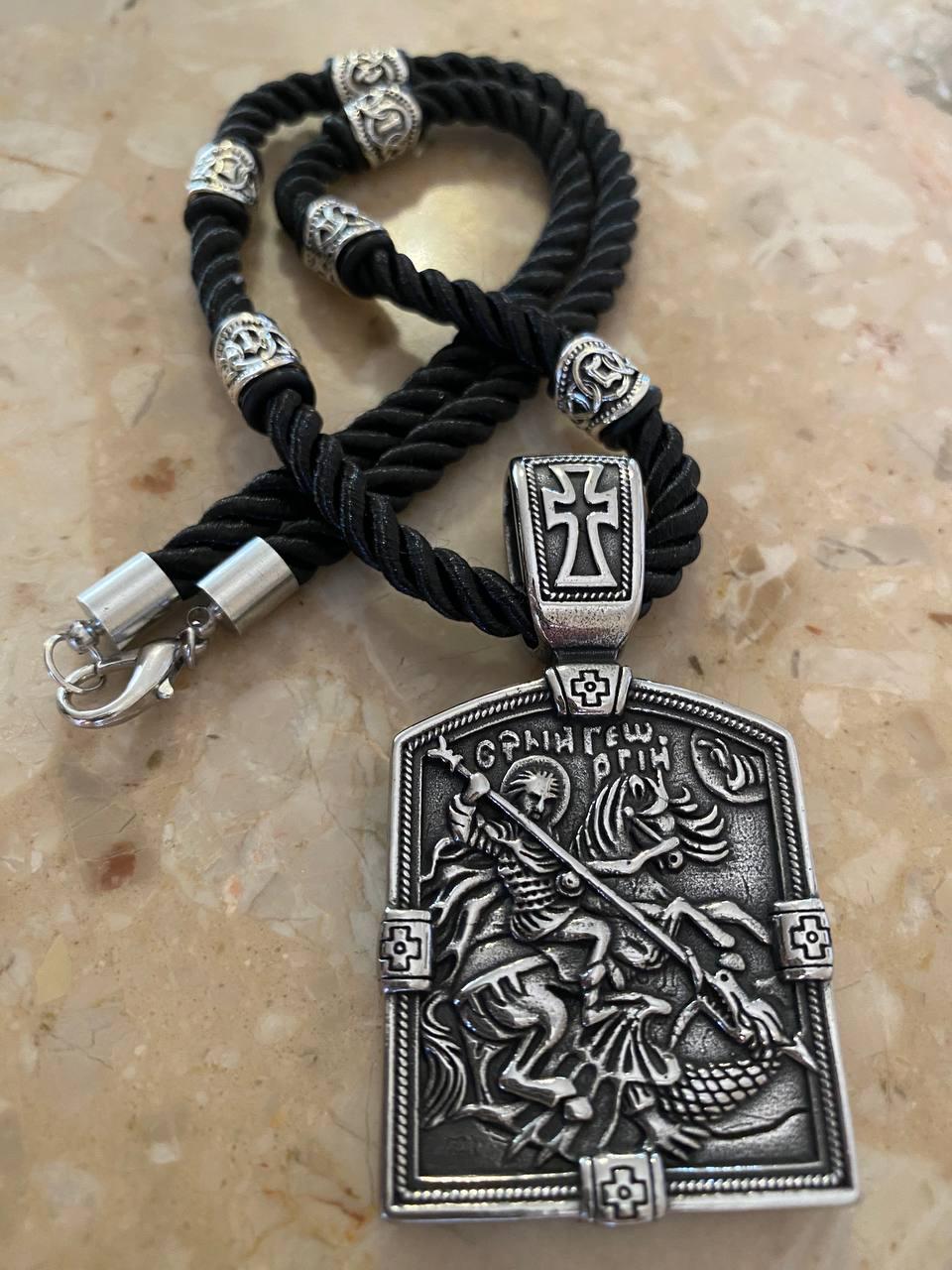 Колье оберіг LITAURS на шовковому шнурі кулон двосторонній з молитвою Георгій переможець (250305)