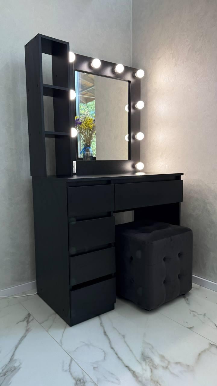 Туалетный столик с подсветкой 5 ящиков 1600х900х500 мм Черный Туалетный столик с подсветкой 5 ящиков 1600х900х500 мм Черный