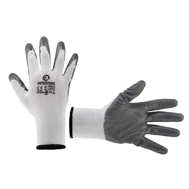 Рукавичка трикотажна Intertool з нітриловим покриттям долоні синтетична 10" Білий/Сірий (SP-0112)