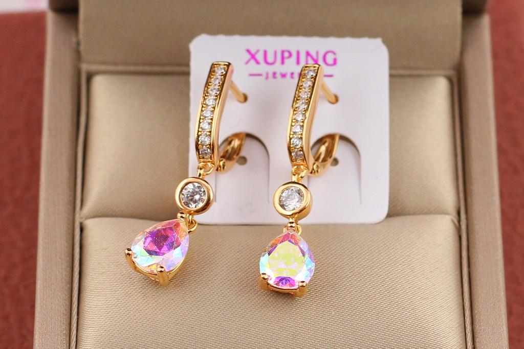 Серьги подвески Xuping Jewelry с камнем хамелеон в форме капли 3,2 см Золотистый (2086390466)