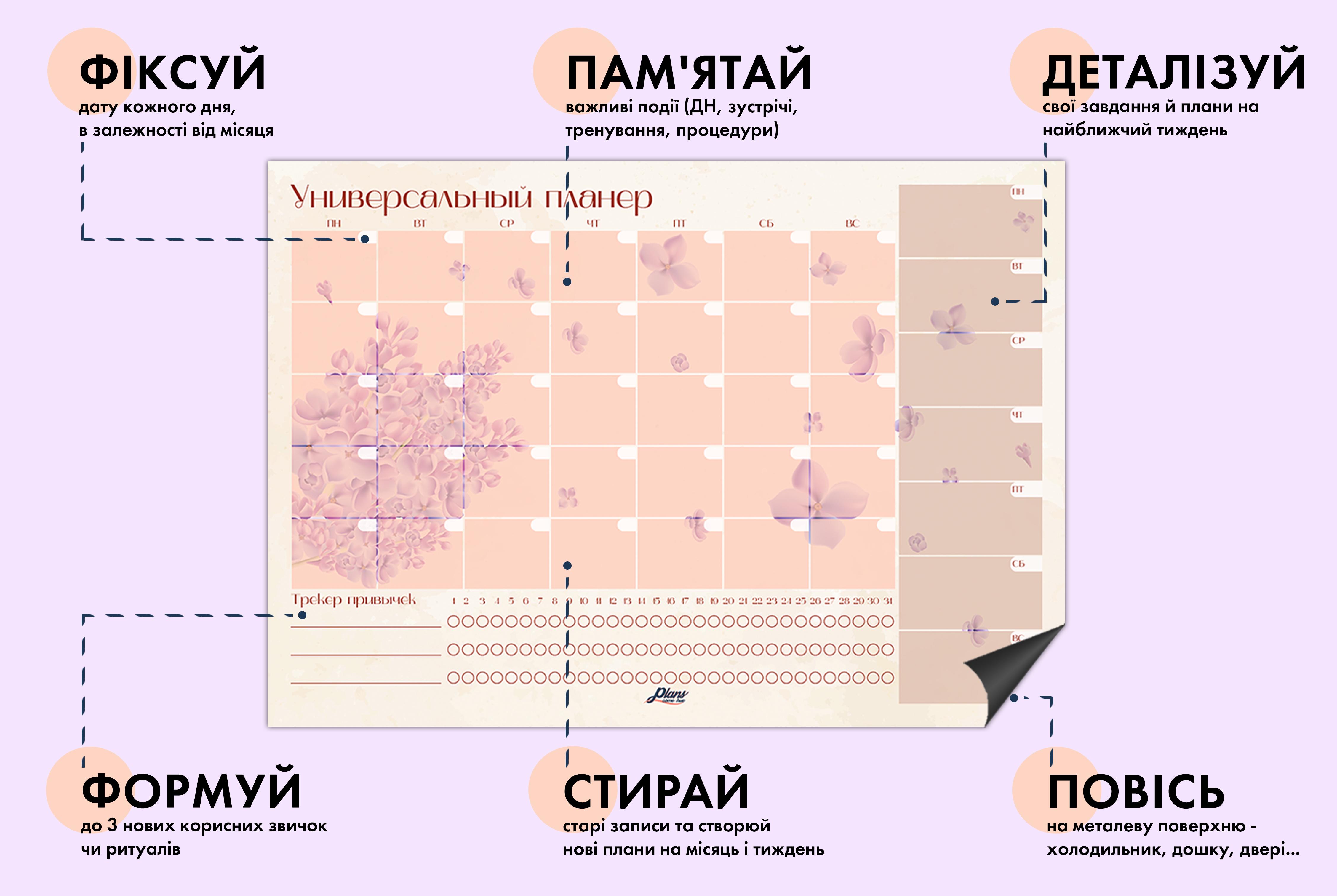 Магнітний планер на місяць і тиждень Plans Come True RU 3в1 Бузок А3 42х30 см Коричневий (PCT024) - фото 6