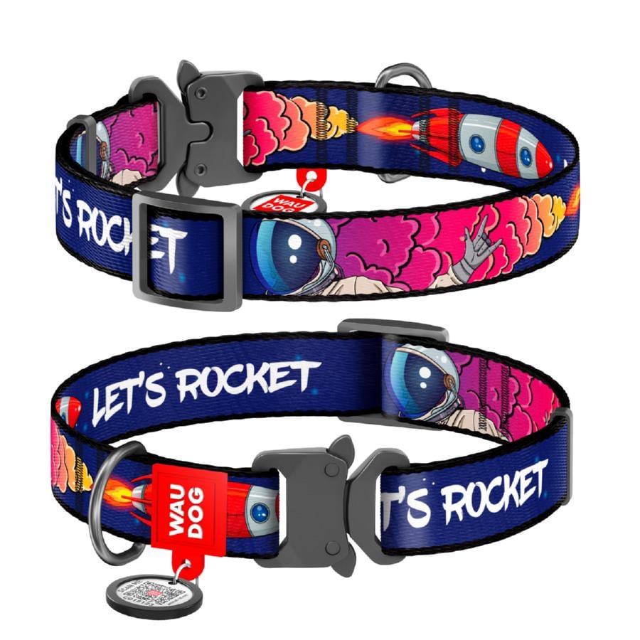Ошейник для собак нейлоновый Waudog Nylon Космос. Ракета с QR-паспортом XL