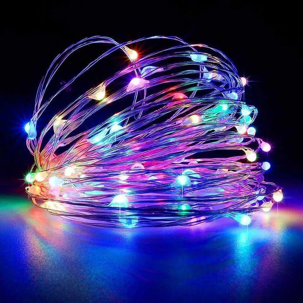 Гирлянда новогодняя проволочная 100LED 10М БП 5В 220V RD-7110 с RGB свечением на прозрачной проволоке