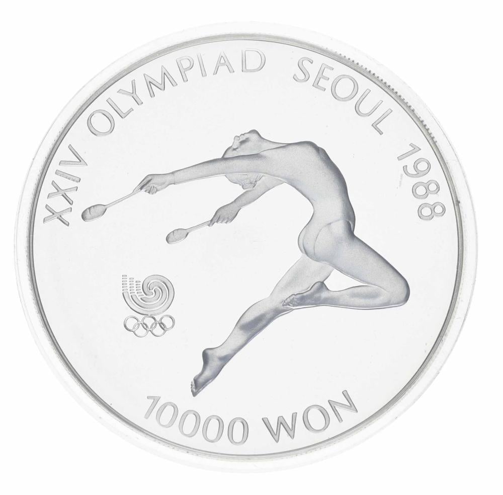 Коллекционная монета Южная Корея 10000 вон 1988 серебро Proof XXIV летние Олимпийские игры в р. Сеул 1988-Гимнастка (М23335)