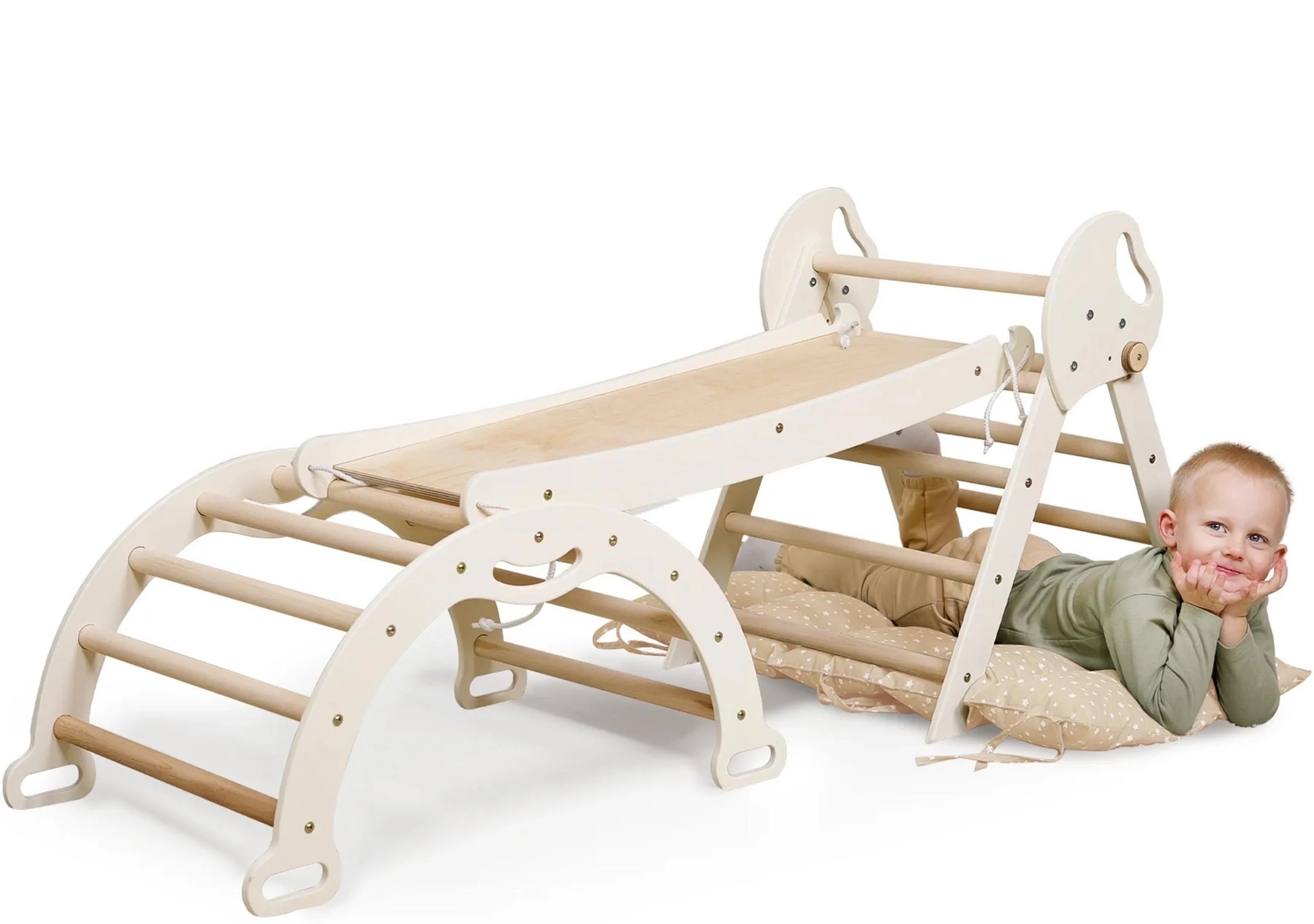 Дитячий ігровий комплекс Монтессорі 4в1 mini трикутник Піклера/арка/гірка/подушка Молочний