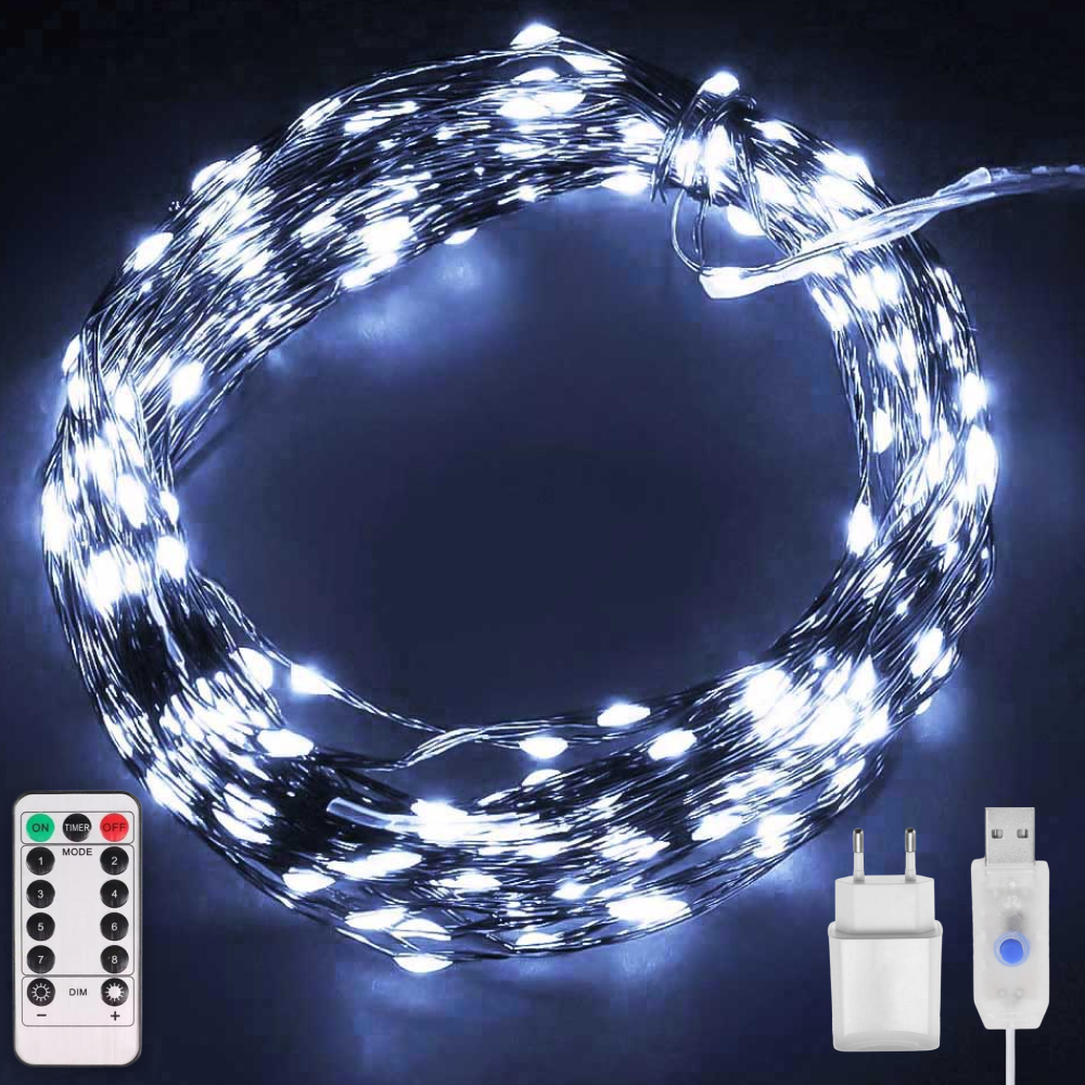 Гирлянда нить Роса 20 м с пультом 200 LED от USB и сети 220 В зеленый провод 8 режимов Холодный белый