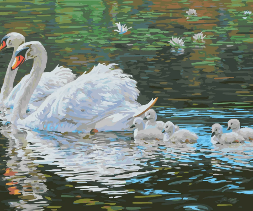 Картина по номерам Strateg Премиум Лебединая семья с лаком и уровнем 40x50 см (SY6630)
