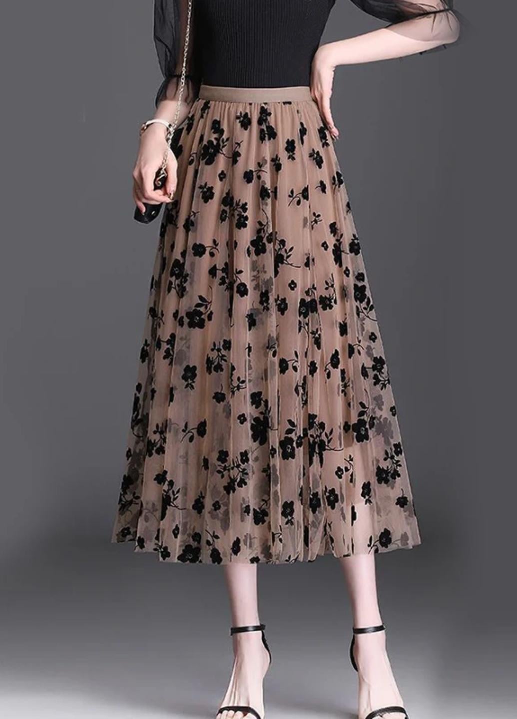 Юбка женская миди сетка в цветы на резинке 15760 L Темно-бежевый