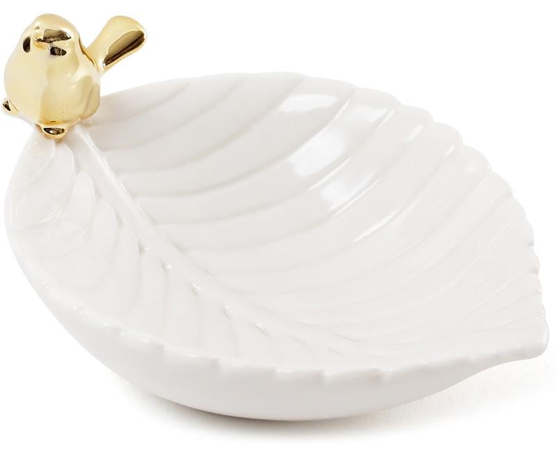 Подставка для украшений Золотая Птичка на листочке 13х12х8 см Белый