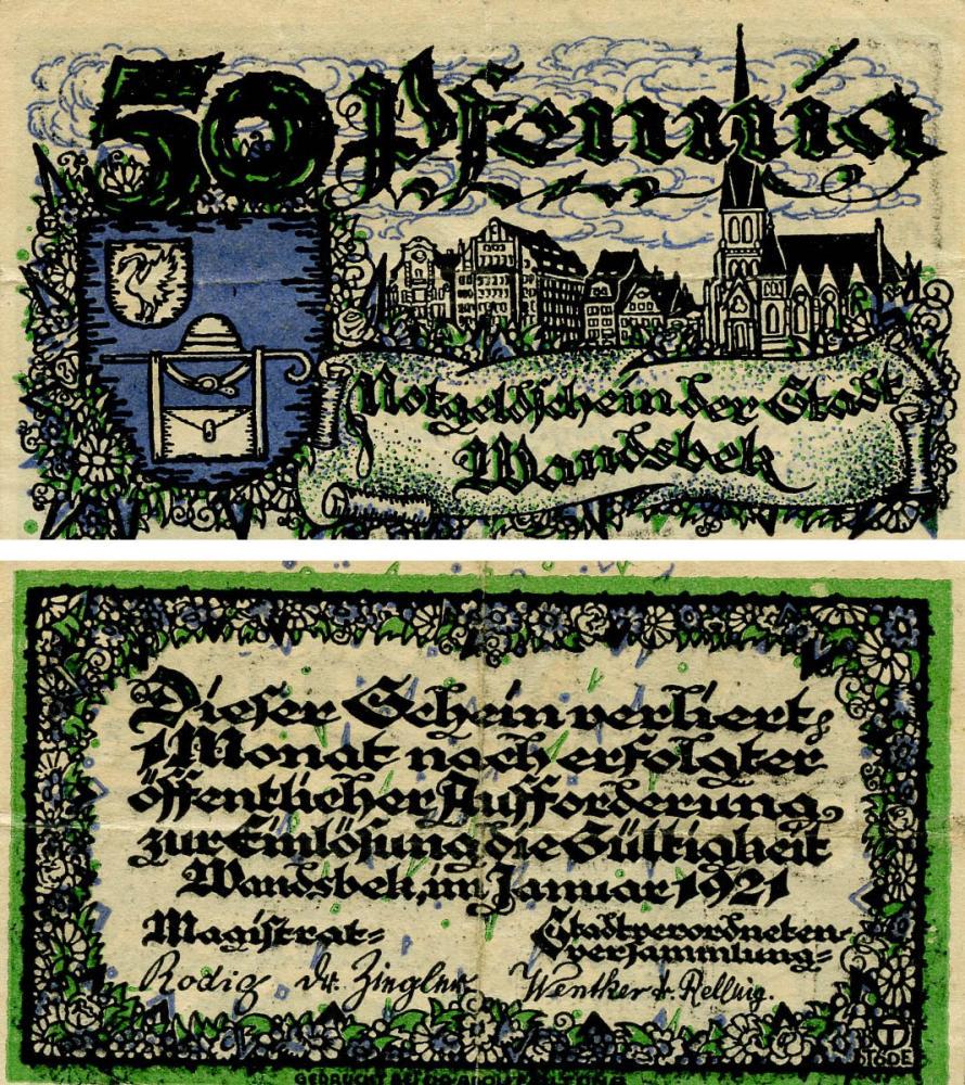 Коллекционная банкнота Германия Нотгельд 50 пфеннигов 1921 F-VF Вандсбек (Б18729)