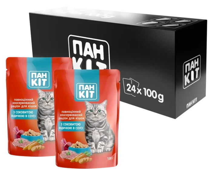 Влажный корм для взрослых кошек Пан Кот с сочной индейкой в соусе 24 шт. по 100 г