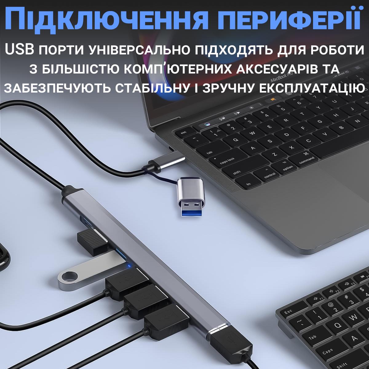 Концентратор/розгалужувач Type-C/USB-A Addap UH-04D для ноутбука на 7 портів USB Gray - фото 11