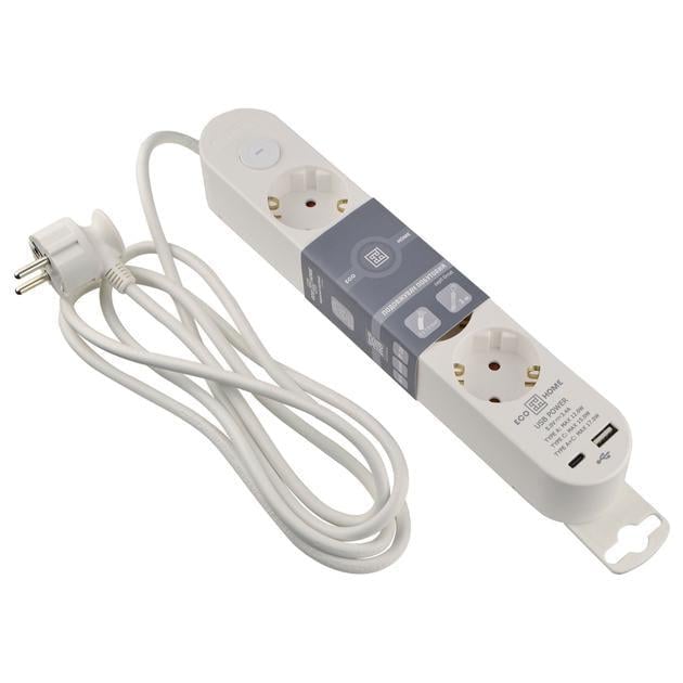 Подовжувач чотиримісний АСКО-УКРЕМ Ornat побутовий з з/к USB Type-C 2 м Білий (ECO019001004)