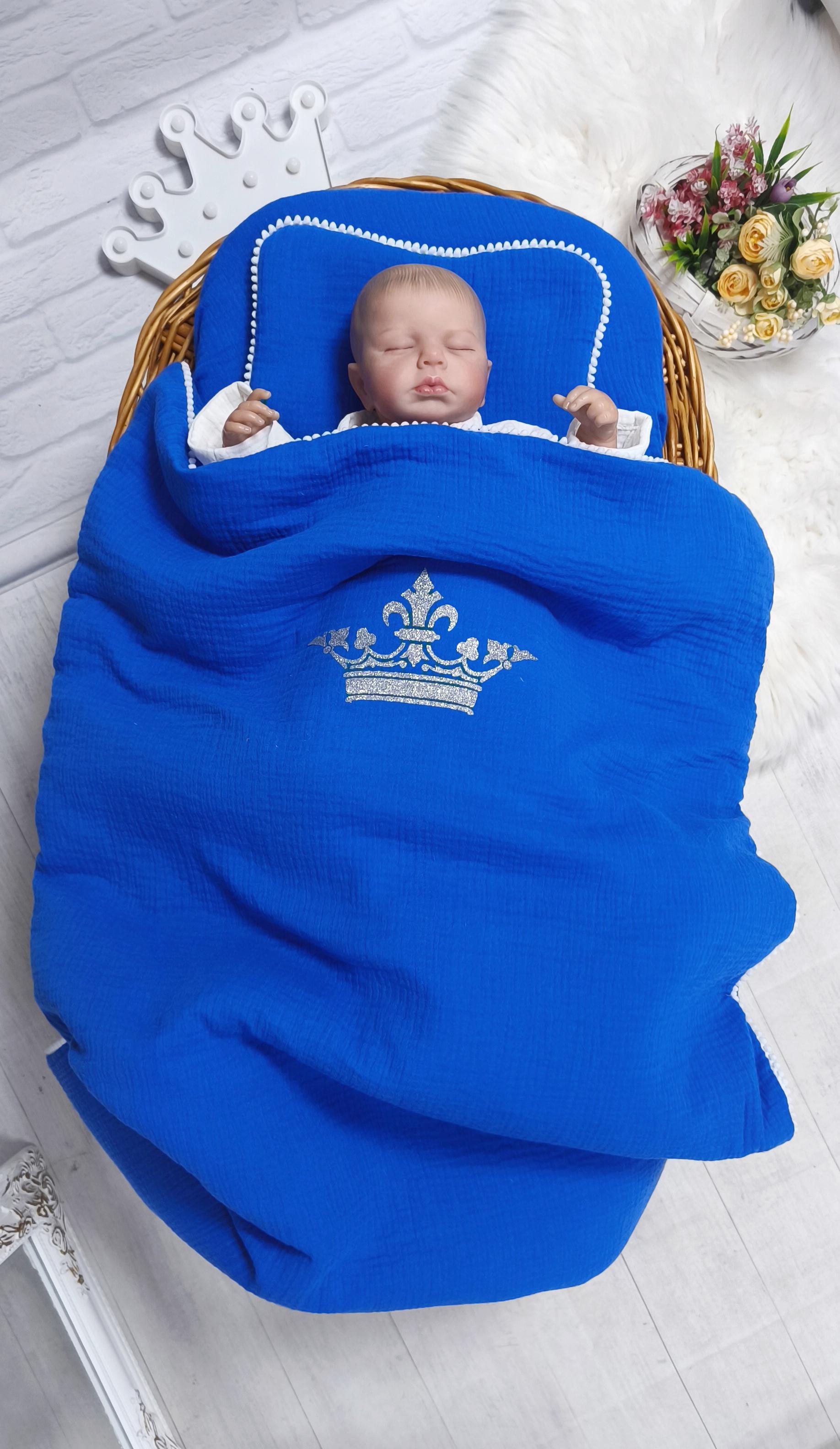 Набор в коляску 3в1 с короной муслин Синий (25010785) - фото 1