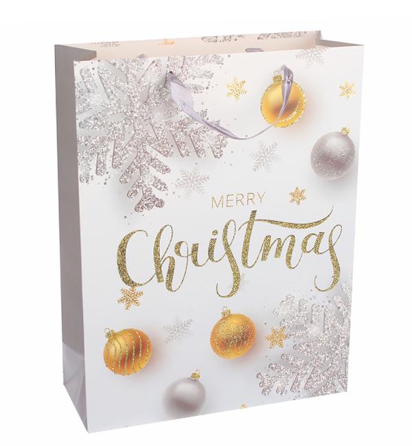 Новогодний пакет Merry Christmas silver 31x40x12 см ламинированный картон Новогодний пакет Merry Christmas silver 31x40x12 см ламинированный картон