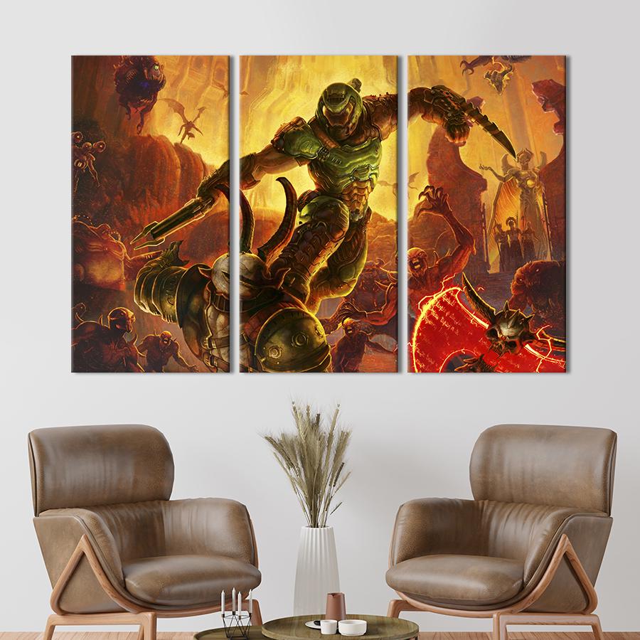 Картина на холсте триптих Солдат Рока, Doom 128x81 см (1472-31)