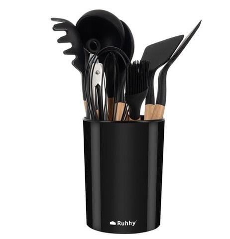 Набор кухонных аксессуаров силиконовые термостойкие с деревянными ручками 11 пр. и подставка Набор кухонных аксессуаров силиконовые термостойкие с деревянными ручками 11 пр. и подставка