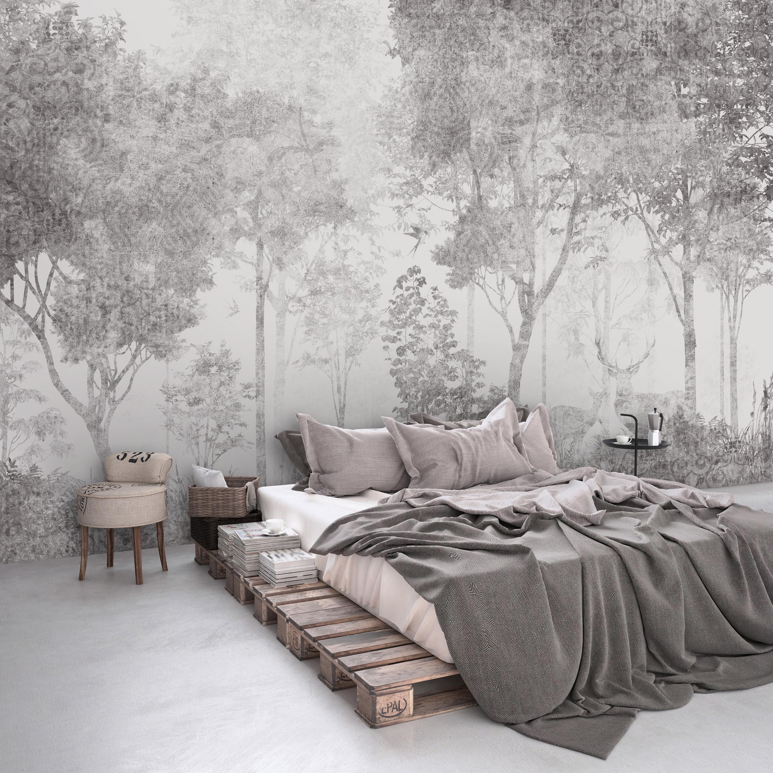 Фотошпалери флізелінові з деревами природа ліс на світлому фоні під бетоном та клей 400x280 см Білий/Сірий (14299VX8)