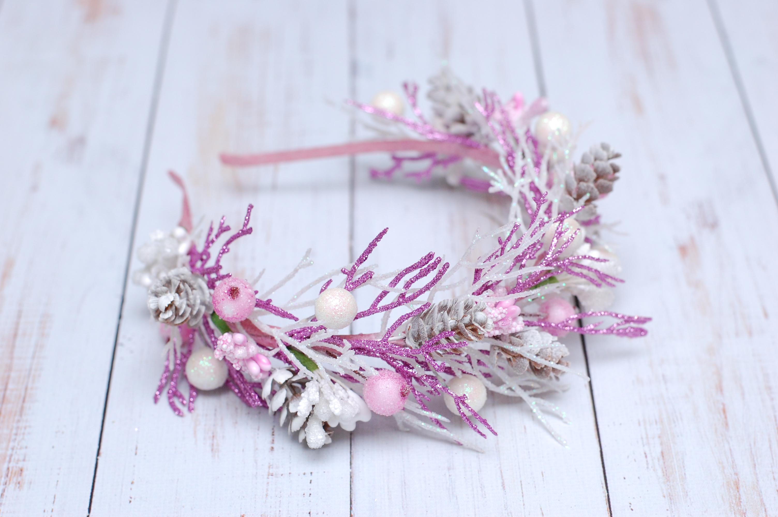 Обруч для волос новогодний с шишками Бело-розовый (248 об)