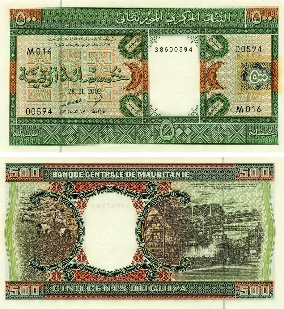 Коллекционная банкнота Мавритания 500 угий 2002 UNC P8c (Б18264)