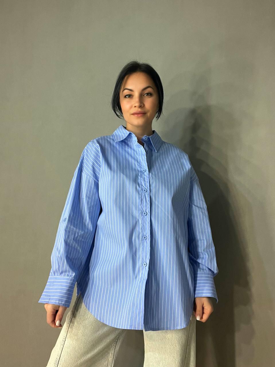 Рубашка женская A-N 25130 полоска оверсайз удлиненная широкая OS Голубой (3574) - фото 10 Рубашка женская A-N 25130 полоска оверсайз удлиненная широкая OS Голубой (3574) - фото 10