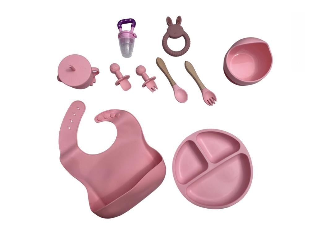 Набір посуду дитячий для годування силіконовий 12 пр. Рожевий