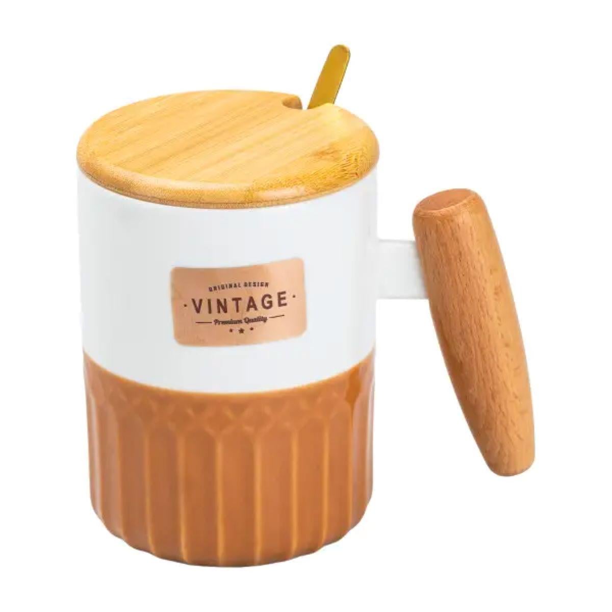 Чашка керамическая Lighthouse с бамбуковой крышкой и ложкой 400 мл Коричневый (LG-20143)