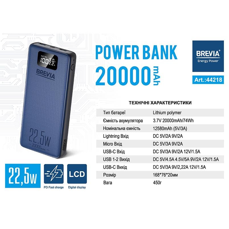 Повербанк Brevia 20000 mAh 22,5W Li-Pol LCD (44218) - фото 10