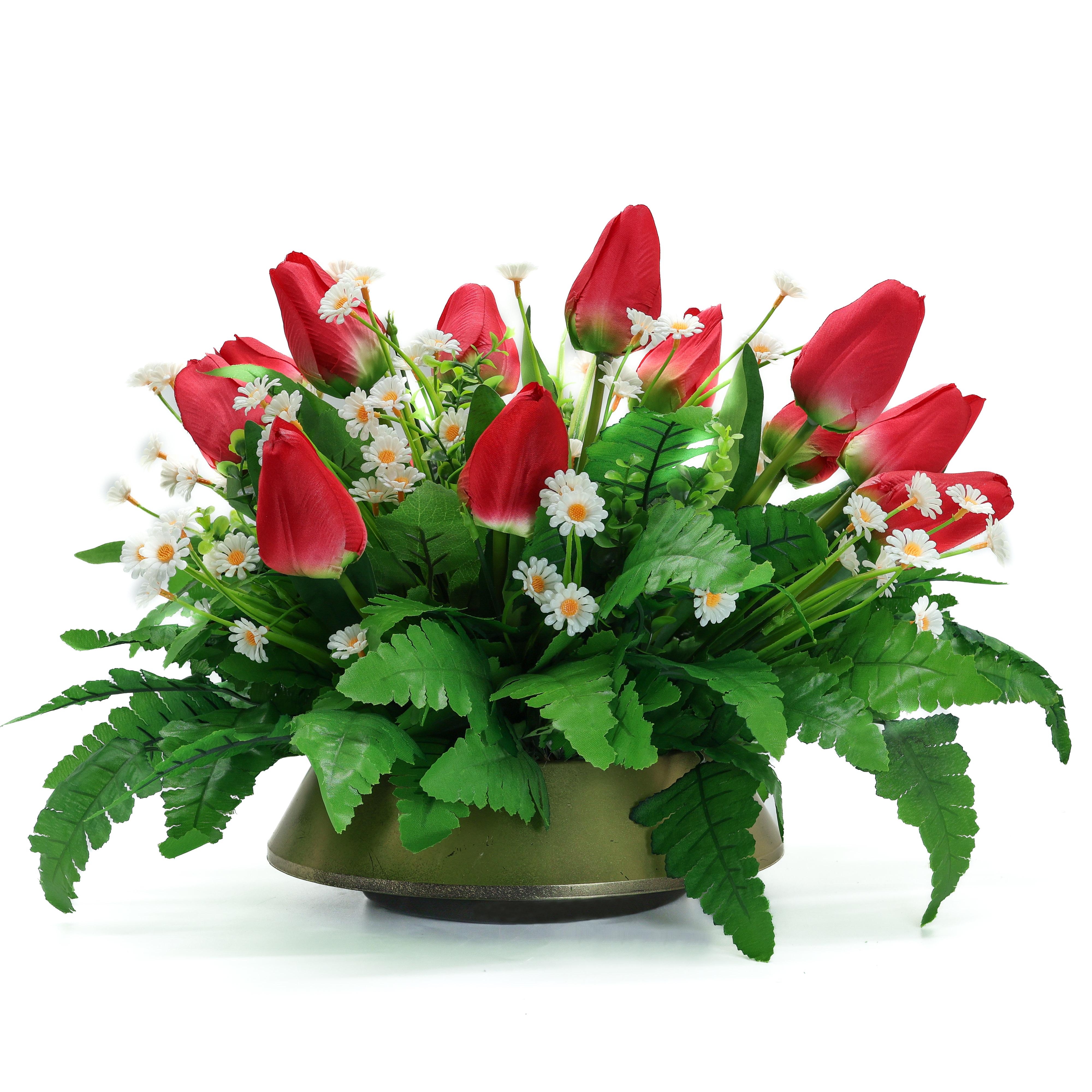 Композиция ритуальная GALA DECOR с искусственными тюльпанами в золотистом пластмассовом кашпо 30х35 см (КВ3035ТР)