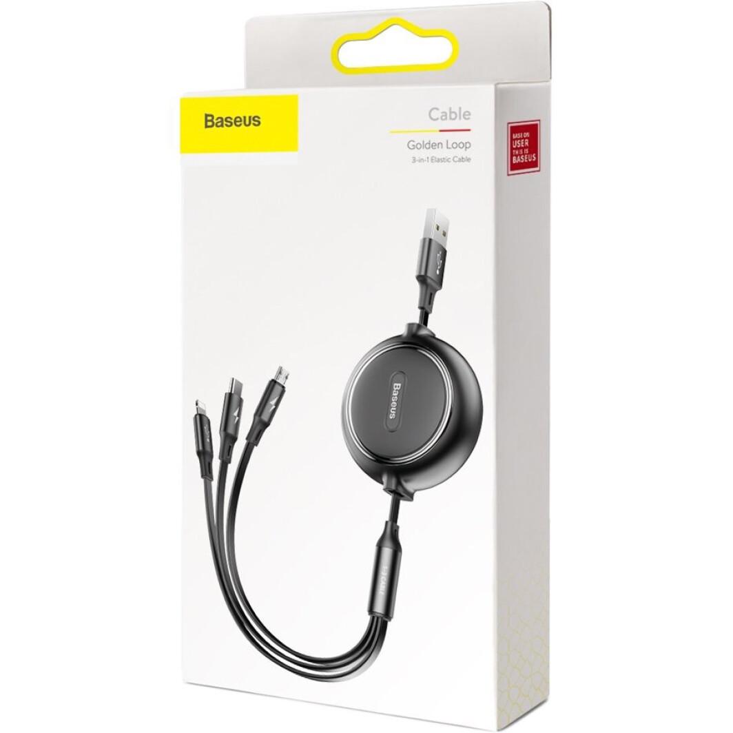 Кабель Baseus CAMLT-JH01 3в1 Golden Loop Elastic Cable USB to Type-C/Lightning/MicroUSB 3,5A 1,2 м Black - фото 4